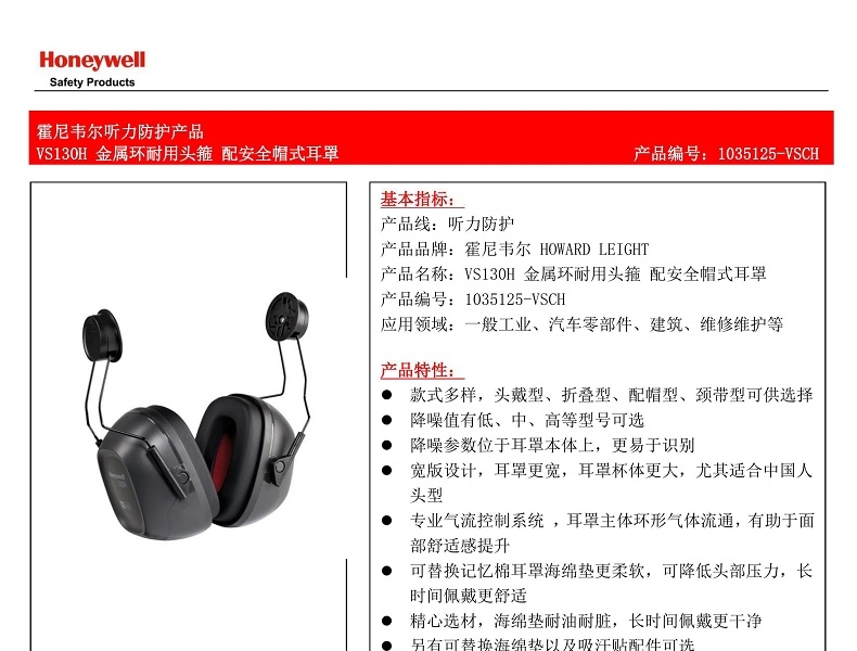Honeywell霍尼韋爾1035125-VSCH VS130H金屬環耐用頭箍配安全帽式防噪音耳罩圖片1