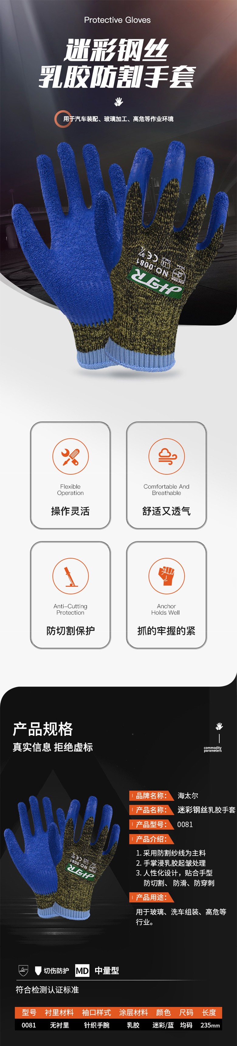 海太爾0081迷彩鋼絲乳膠涂掌防割手套圖片