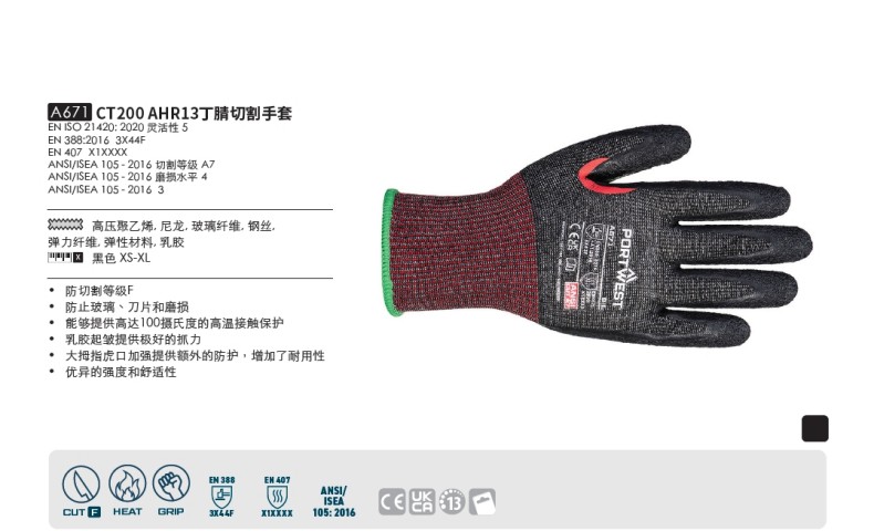 波偉斯特Portwest A671 CT200 AHR13 F級丁腈涂層防割手套