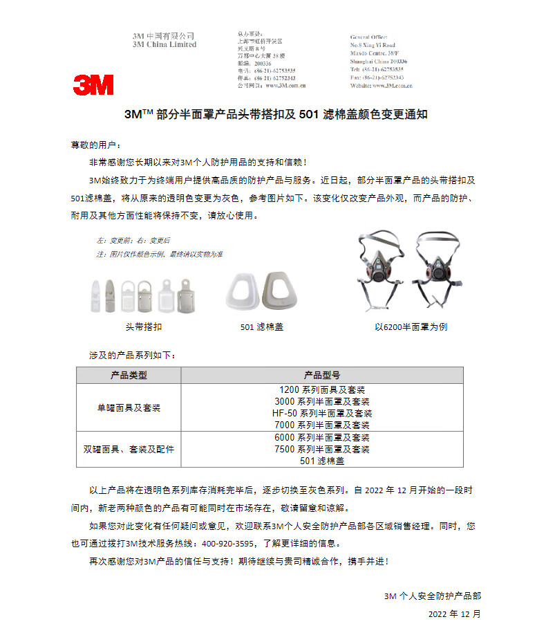 3m501濾棉蓋顏色變更說明